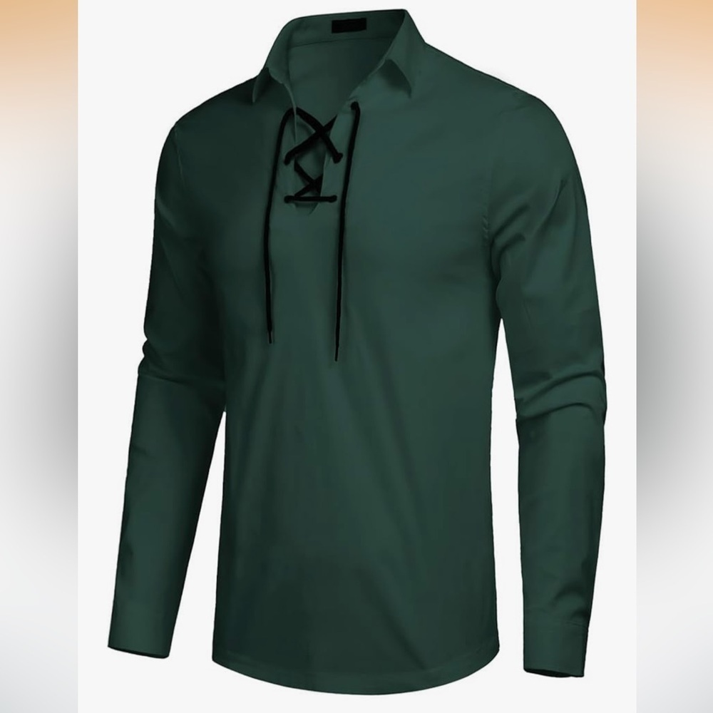 NWT Stylish Dark Green Lace-Up Men's Shirt Medium